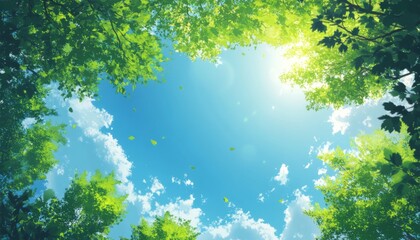 Wall Mural - anime-style background featuring blue sky, green trees, and sunlight shining through leaves