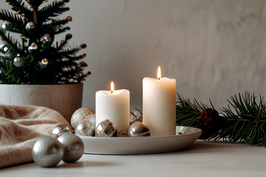 Stylish Christmas scandinavian minimalistic interior with white decor