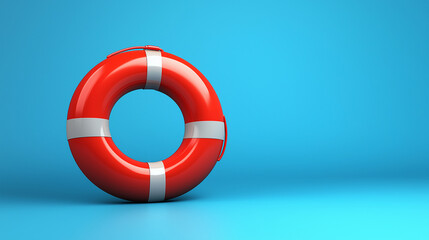 Wall Mural - Red lifebuoy standing on blue background is representing help and security