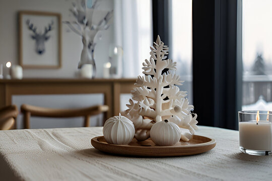 Stylish Christmas scandinavian minimalistic interior with white decor