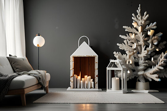 Stylish Christmas scandinavian minimalistic interior with white decor