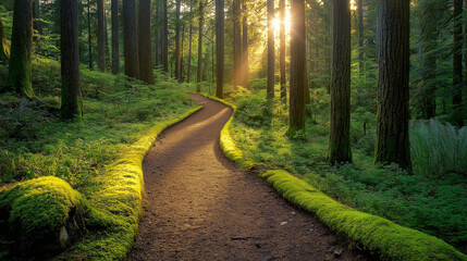 Aufkleber - Winding forest path illuminated by golden sunlight