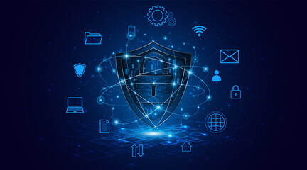 Fototapete - Cyber ​​security concept with shield symbol and lock. Data protection and cyber privacy. Innovative concept of advanced safety technology	