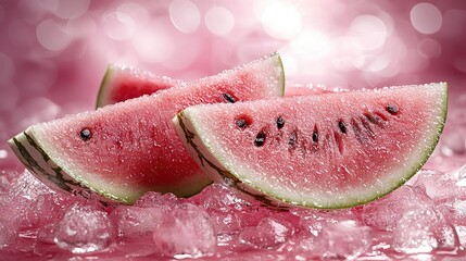 Sticker -   Two watermelon slices atop an iced pile and beside another watermelon slice