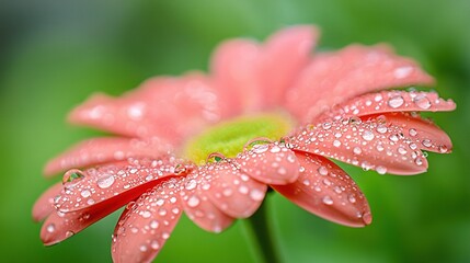 Sticker -   A zoomed-in photo of a pink blossom with water droplets on its petals against a green background