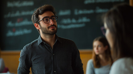 Poster - Young man participating in university lecture looking away from camera