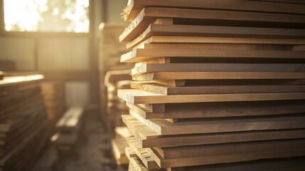 Aufkleber - Stack of wood planks illuminating warm workshop interior