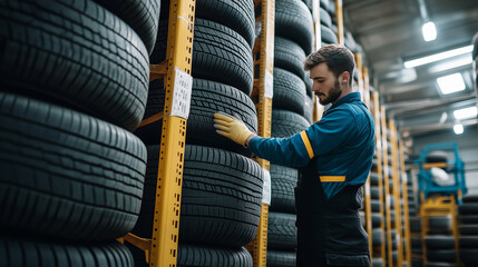 Mechanic checking tires on rack in a warehouse