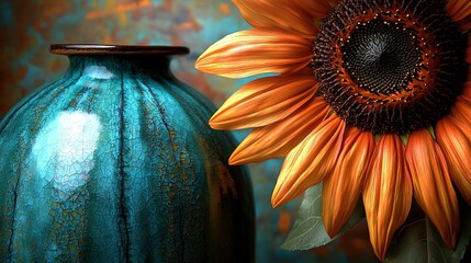 Wall Mural -   A macro photo of two vases; one with a sunflower centered, the other with a yellow bloom