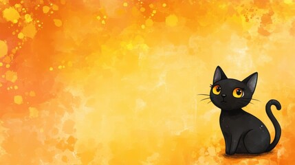 Poster - A black cat with yellow eyes sitting on a orange background, AI