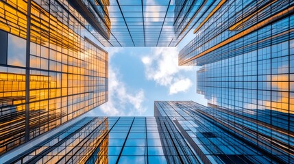 Wall Mural - Looking Up modern high-rise office buildings with blue sky in the background. 