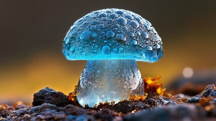 Poster -   Blue mushroom with water droplets on top against brown background