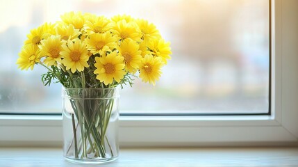   A glass vase filled with yellow flowers sits on a window sill next to another window sill, facing a window