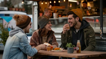 Poster - Three friends are gathered around a rustic table, sharing laughter and delicious food from a nearby food truck on a crisp evening under warm string lights