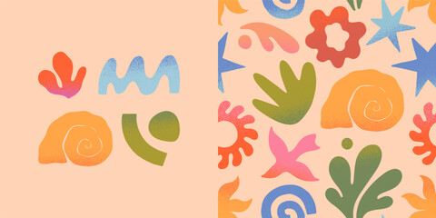 Wall Mural - vector summer cards.nature elements and artistic seamless pattern.hand drawn palm,sun,coral,seashell