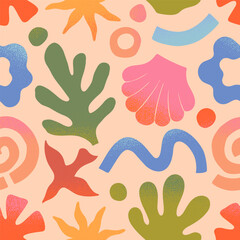 Wall Mural - vector summer nature artistic seamless pattern with hand drawn palm,sun,coral,seashell,wave.trendy d
