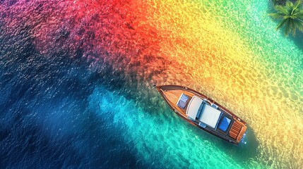 Wall Mural -   A tiny boat glides atop a watery expanse, surrounded by a vibrant rainbow beach and a towering palm tree