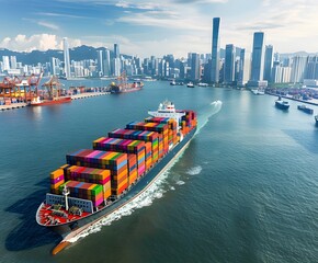 Container Ship Sailing Past City Skyline with Skyscrapers