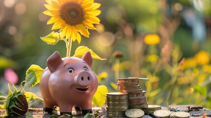 A pink piggy bank The gold coins and sunflowers grow in the park. Savings ideas for business investments