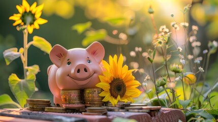 A pink piggy bank The gold coins and sunflowers grow in the park. Savings ideas for business investments