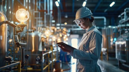 Poster - Amidst shining machinery, a dedicated technician in protective gear checks data on a tablet, ensuring everything runs smoothly in a bustling industrial environment