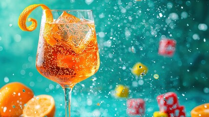 Sticker -   A close-up of a drink in a wine glass with orange slices and dice arranged on a table