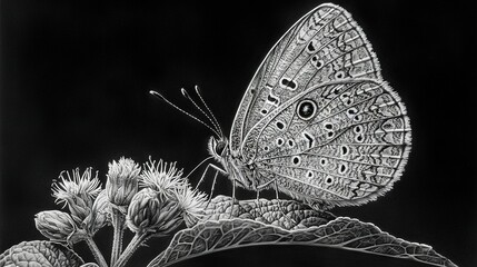 Sticker -  A monochrome illustration of a butterfly perched on a green leaf with stretched wings and shut eyes against a dark background