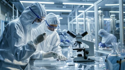 Poster - two scientists clad in white lab suits work intently in a state-of-the-art laboratory, meticulously 