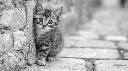 Wall Mural -  Cobblestone street with a black and white photo of a kitten peeking out from a stone wall