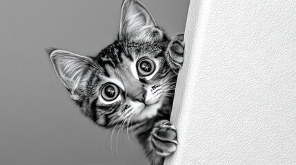 Poster -   Black-and-white kitten peeking behind wall with paws