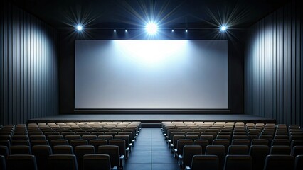 A large, dark cinema screen illuminated by a beam of light, isolated on a black background, awaiting the projection of a captivating film.