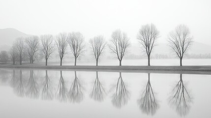 Poster -   A monochrome image depicts a tree line along the edge of water on a misty morning