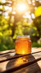 A jar of honey sitting on a wooden table outside, AI