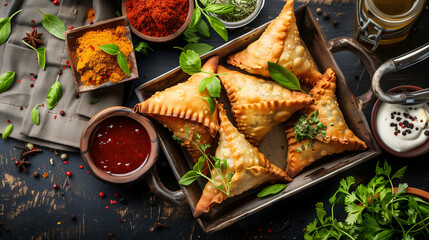 Indian samosas served on a rustic metal tray with dipping sauces, surrounded by fresh herbs and spices for an authentic market feel