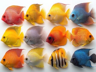 Wall Mural - vibrant collection of colorful tropical fish arranged on white background diverse marine life showcasing variety of shapes patterns and hues