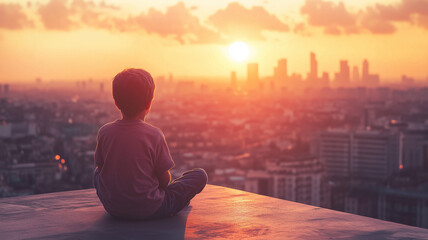 Wall Mural - A boy sits on a ledge, the city sprawled out before him, the setting sun casting a warm glow over the urban landscape. Ai generated