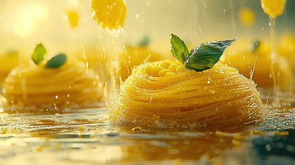 Sticker -   A zoom-in of a pasta plate featuring a green leaf garnish and yellow floral backdrop