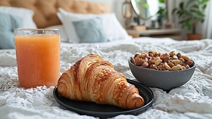 Wall Mural -   A croissant, bowl of nuts, and glass of orange juice are on a hotel bed