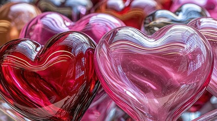 Sticker -   Grouped glass hearts sit atop a pile of glass heart-shaped objects