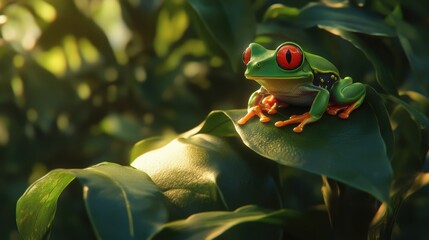 Poster - A small green frog sitting on top of a leaf with red eyes, AI