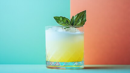 Poster -   A tall glass brimming with a drink and a green leaf protruding from its top