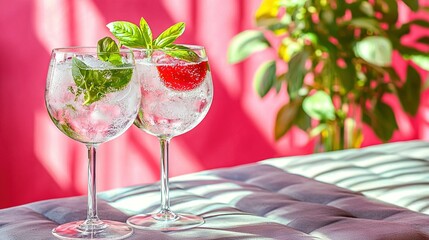 Wall Mural -   Two strawberry-filled glasses sit on a table Pink background with potted plant in foreground