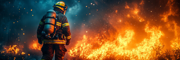 Wall Mural -  firefighter back firefighter fire orange, blue, yellow, black