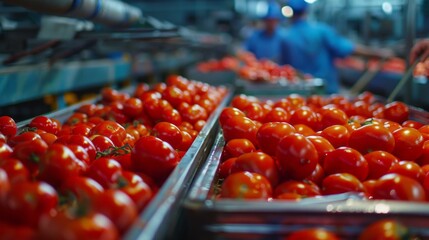 Poster - Baskets full of plump, red tomatoes are meticulously sorted by diligent workers in a lively agricultural processing facility, showcasing the vibrant colors and fresh produce