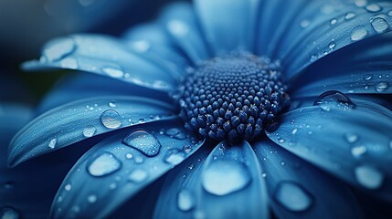 Poster -   A macro shot of a blue blossom with dewdrops on its petals and the floral heart