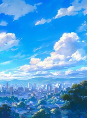 Wall Mural - a serene sky full of white clouds above a city, with blue and azure sky