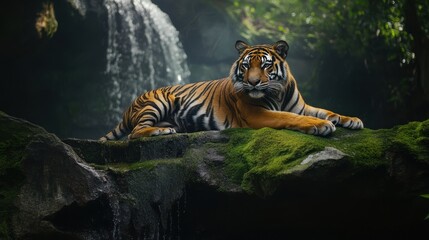 Canvas Print - A tiger laying on a rock in front of waterfall, AI