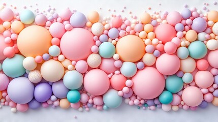 Canvas Print -   A row of balloons and confetti is displayed against a white backdrop, featuring shades of pink, blue, yellow, and pink