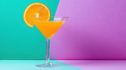 Sticker -   Close-up of an orange-slice-on-glass drink with blue and purple background