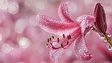 Poster -   A close-up of a pink flower with water droplets and a soft background of lights